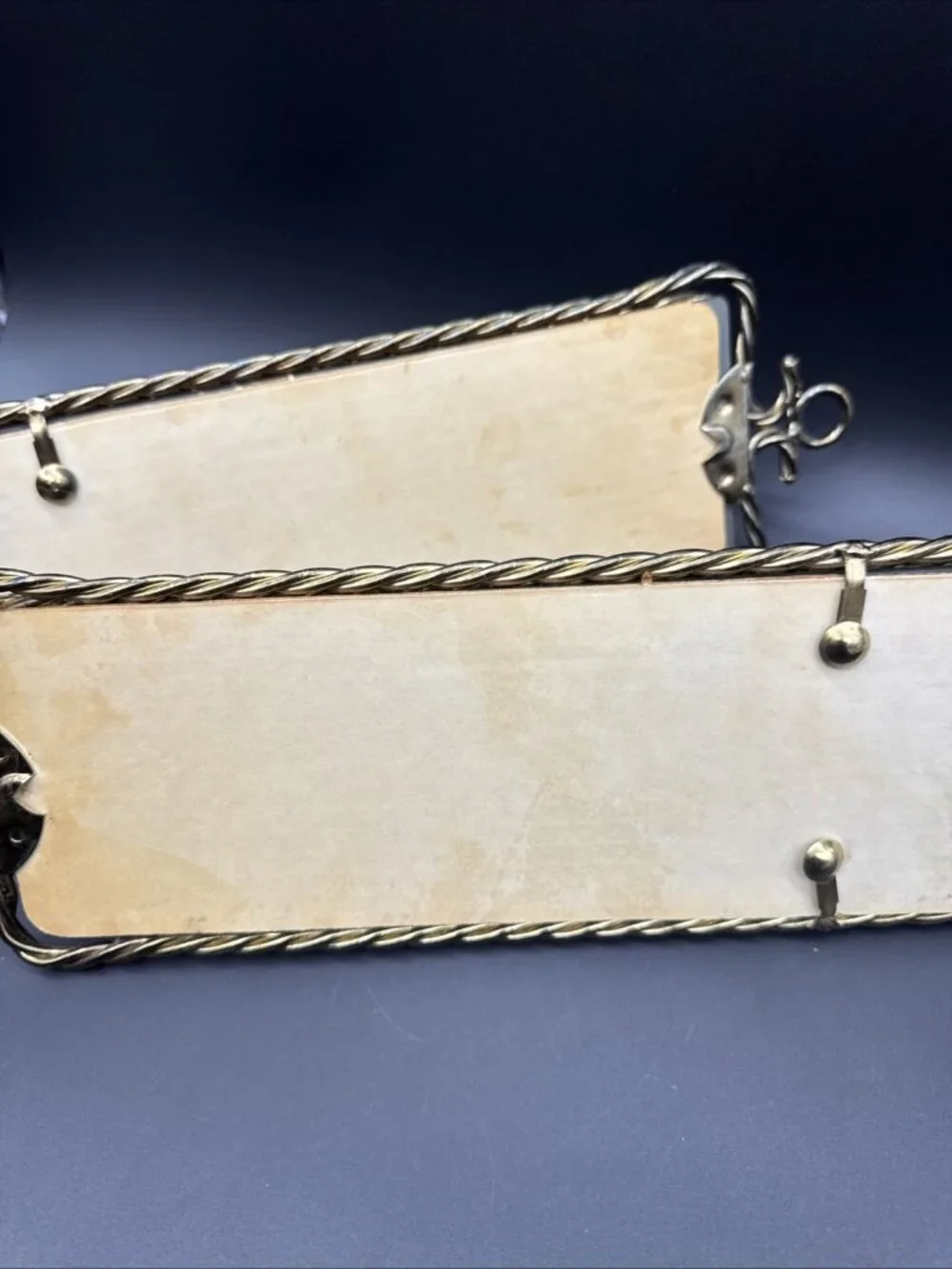 Vtg Midcentury French Gold Twisted Metal Rope Tassel Mirrored Candle Sconce Pair